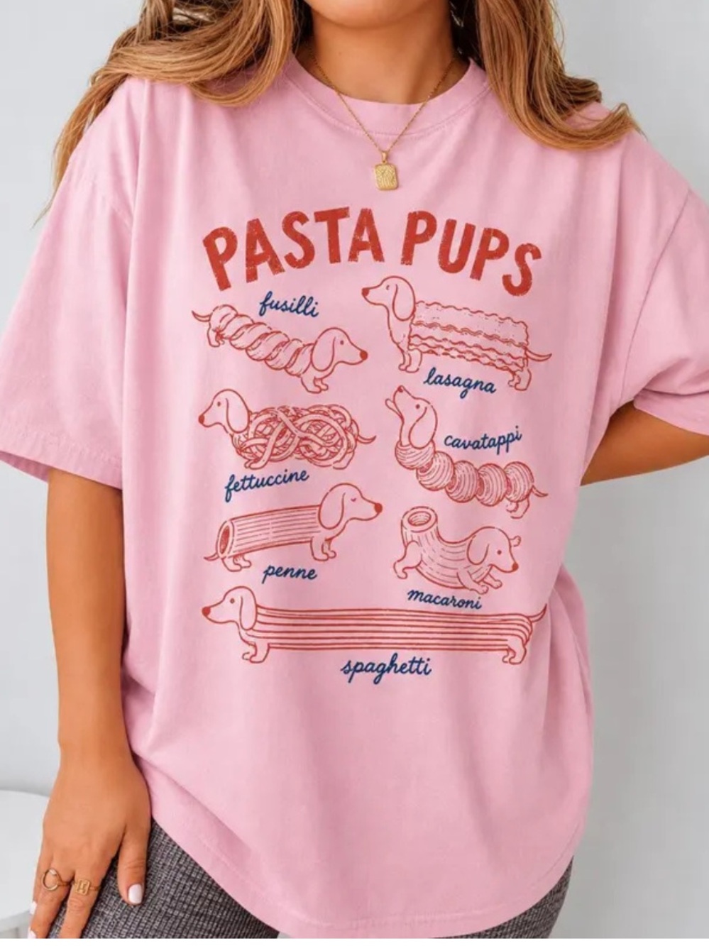 Pasta Pups Pink Graphic Dog Tee, Cute Canine Pasta Design, Foodie Gift